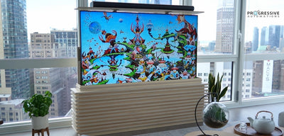Meuble TV élévateur DIY avec lattes décoratives et housse amovible