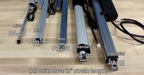 Comparison of electric linear actuators: Micro PA-07, Mini PA-14, PA-09, Standard PA-04, and Industrial PA-13, all with 12-inch stroke length.
