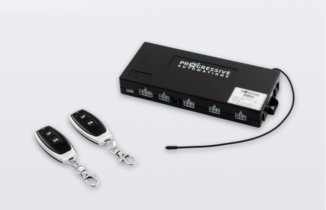 Wireless control box with two UP/DOWN key-fob remotes and antenna lead