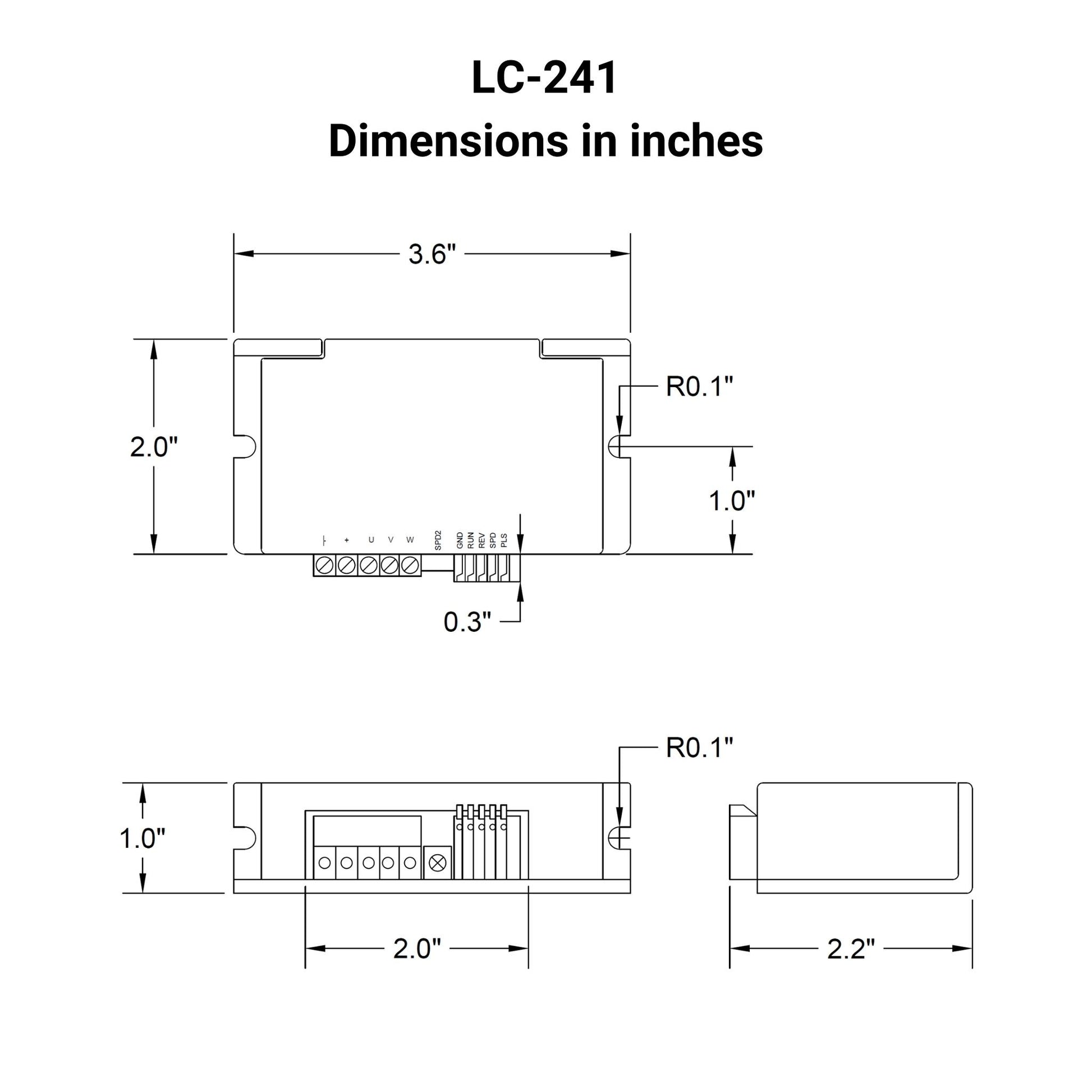 LC-241 brushless DC motor controller Dimensions in inches